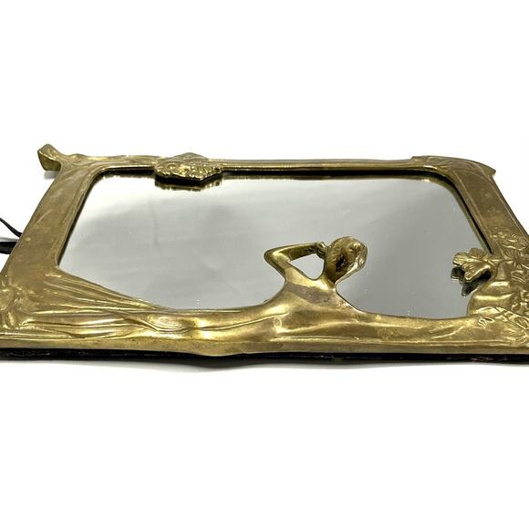 Solid Brass Art Nouveau Vanity Mirror 3D Lady In Gown Dresser Table Decor Vtg - Picture 5 of 12